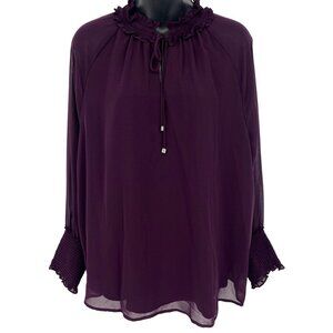 Calvin Klein Women Aubergine Long Sleeve Blouse Ruffle Tie Neck Smock Large New